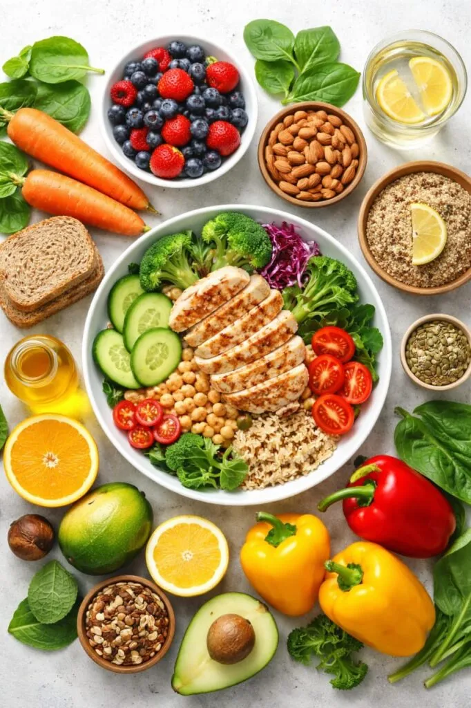 Open refrigerator shelves with fresh ingredients